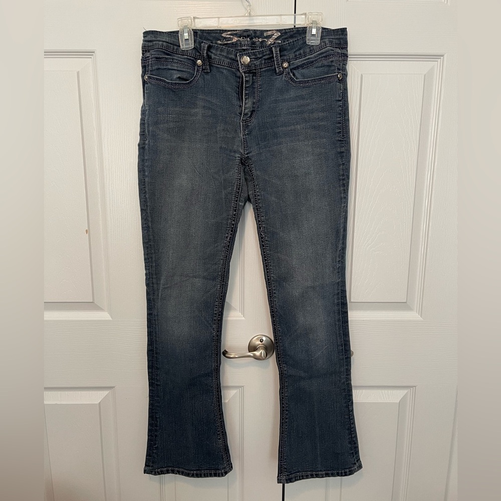 Seven7 Dark Blue Flare Jeans - Sz 12 w/ Rhinestone Button & Accents